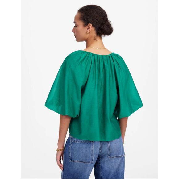 Madewell Bubble Sleeve Top Sz 8 Verdant Green Cotton Silk Split V-Neck Pullover - Picture 2 of 8